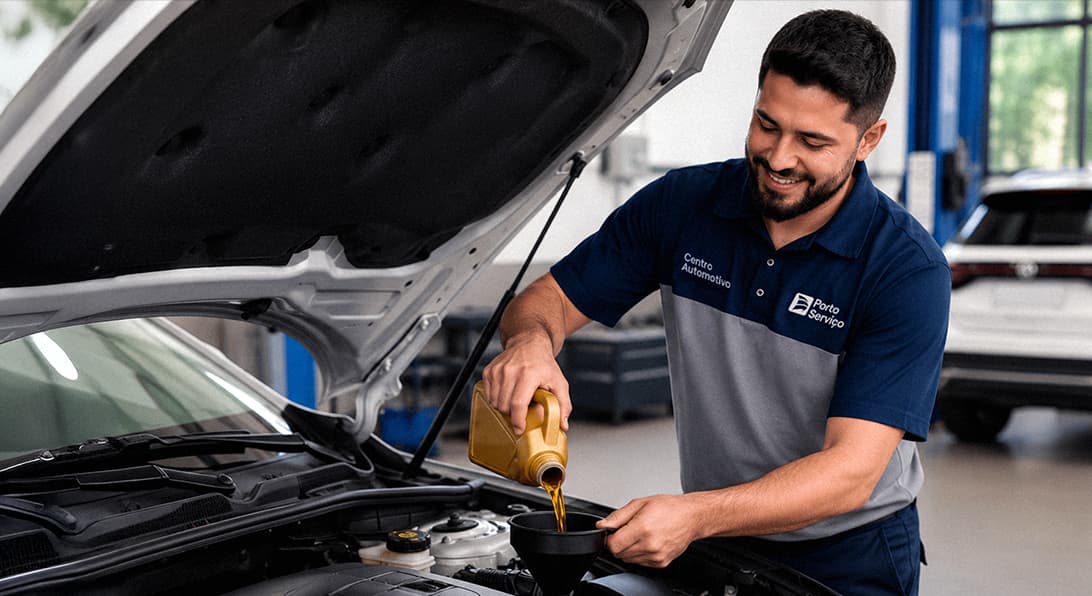 A imagem mostra um homem em pé, com cabelo e barba curtos, usando uma camiseta com as logotipos do Centro Automotivo e Porto Serviço realizando a troca de óleo de um veículo com capô aberto.
